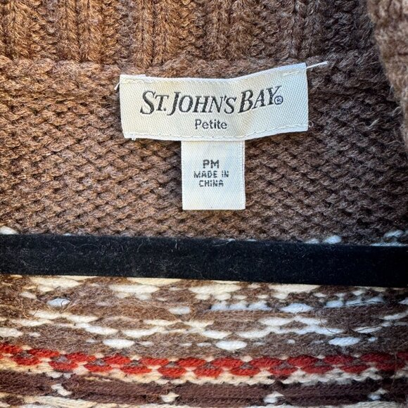 St Johns Bay Womens Shawl Collar Brown Fair Isle Knit Belted Cardigan Sweater PM - Picture 2 of 10